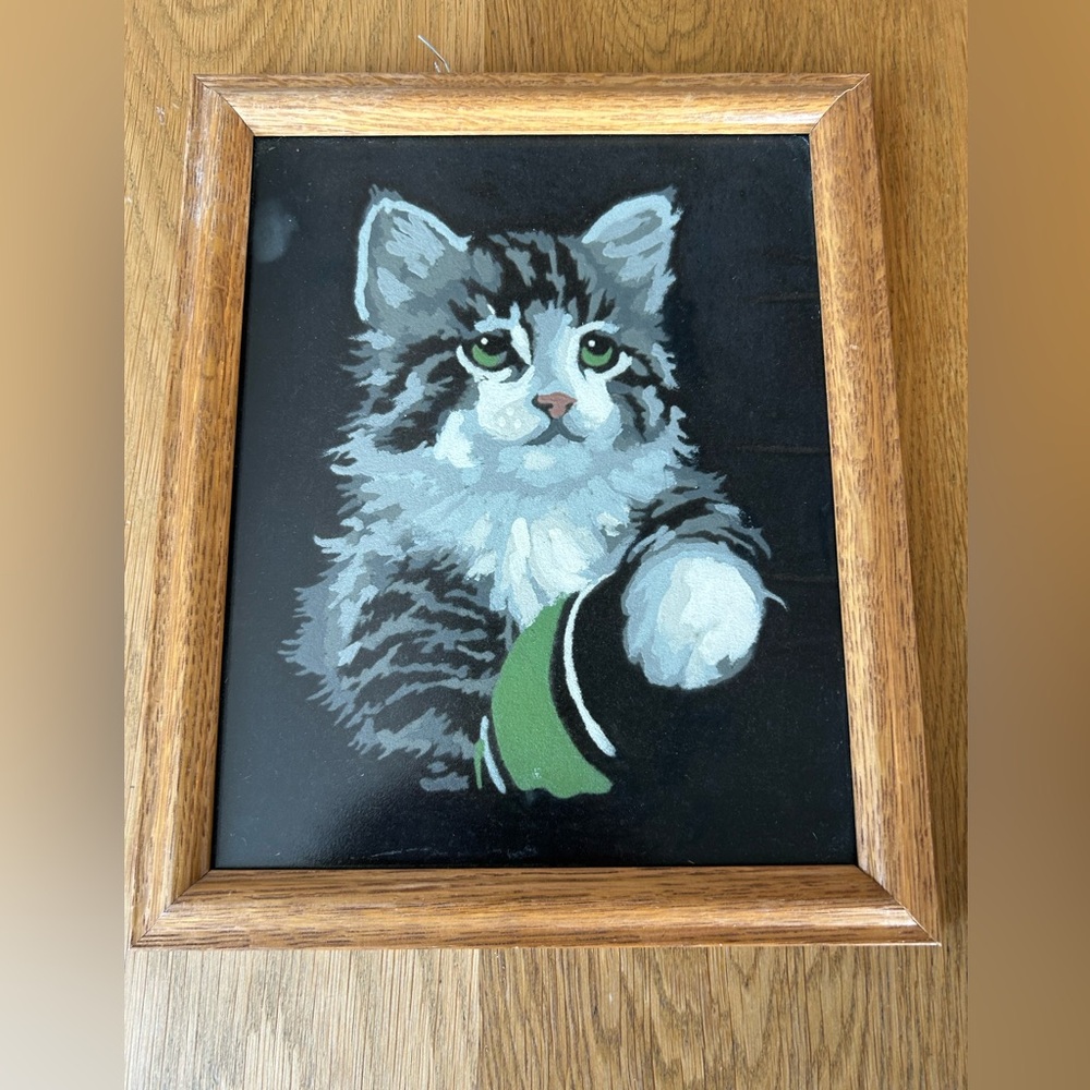 Vintage Paint by Numbers Framed Cat Art with Black and Green Accents